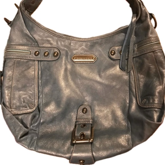 ISABELLA FIORE Vtg Large Blue Metallic Shimmer Stud Leather Hobo Handbag Satchel - Picture 3 of 16